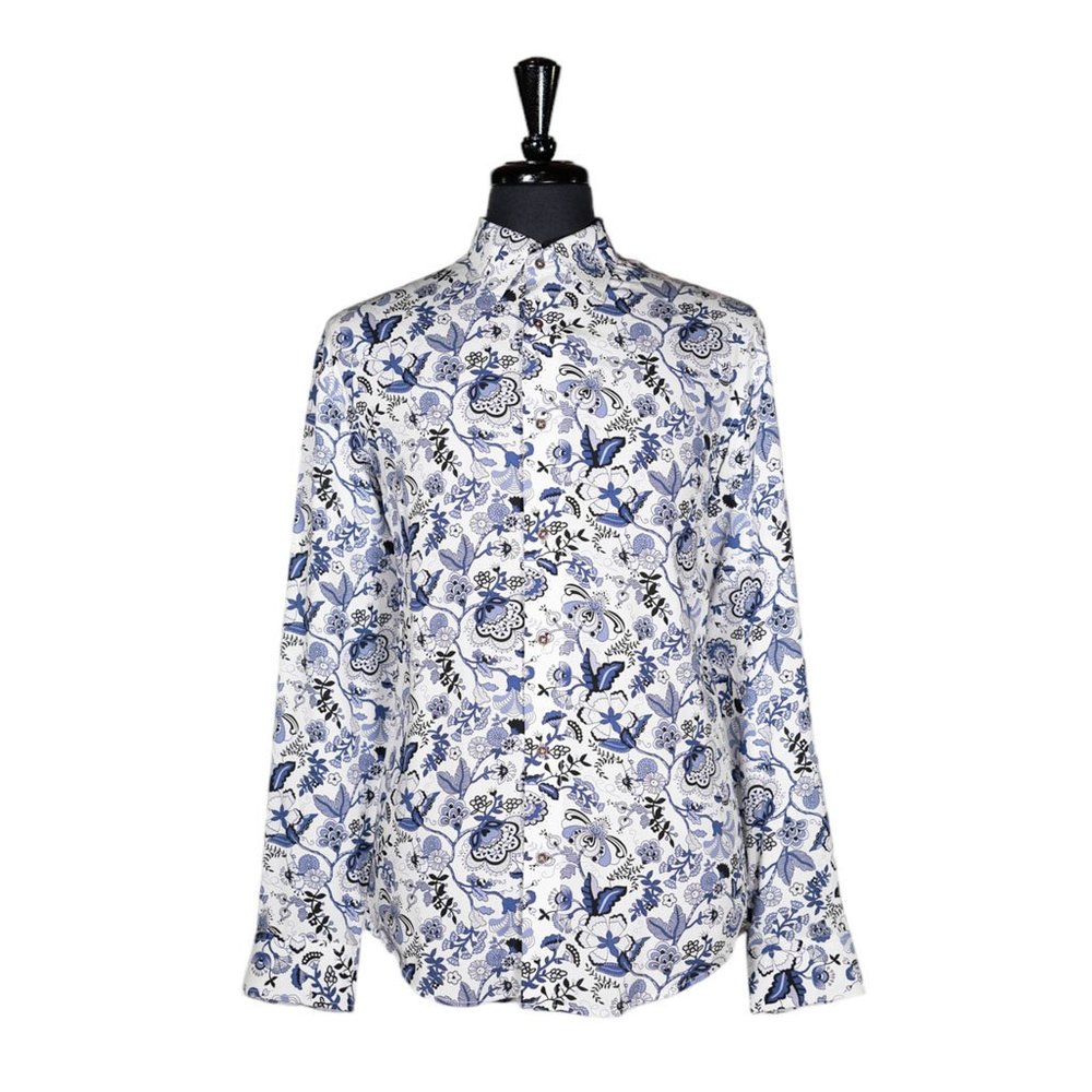 Mens Shirt Button Up White Blue Floral Silky Casual Summer Hawaiian Beach Large